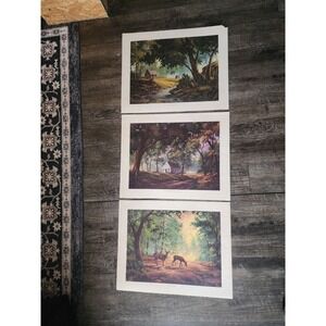 Set Of 3 Vintage Raymond Popp‎ Original Art Prints Deer, Church, Cabin Rare